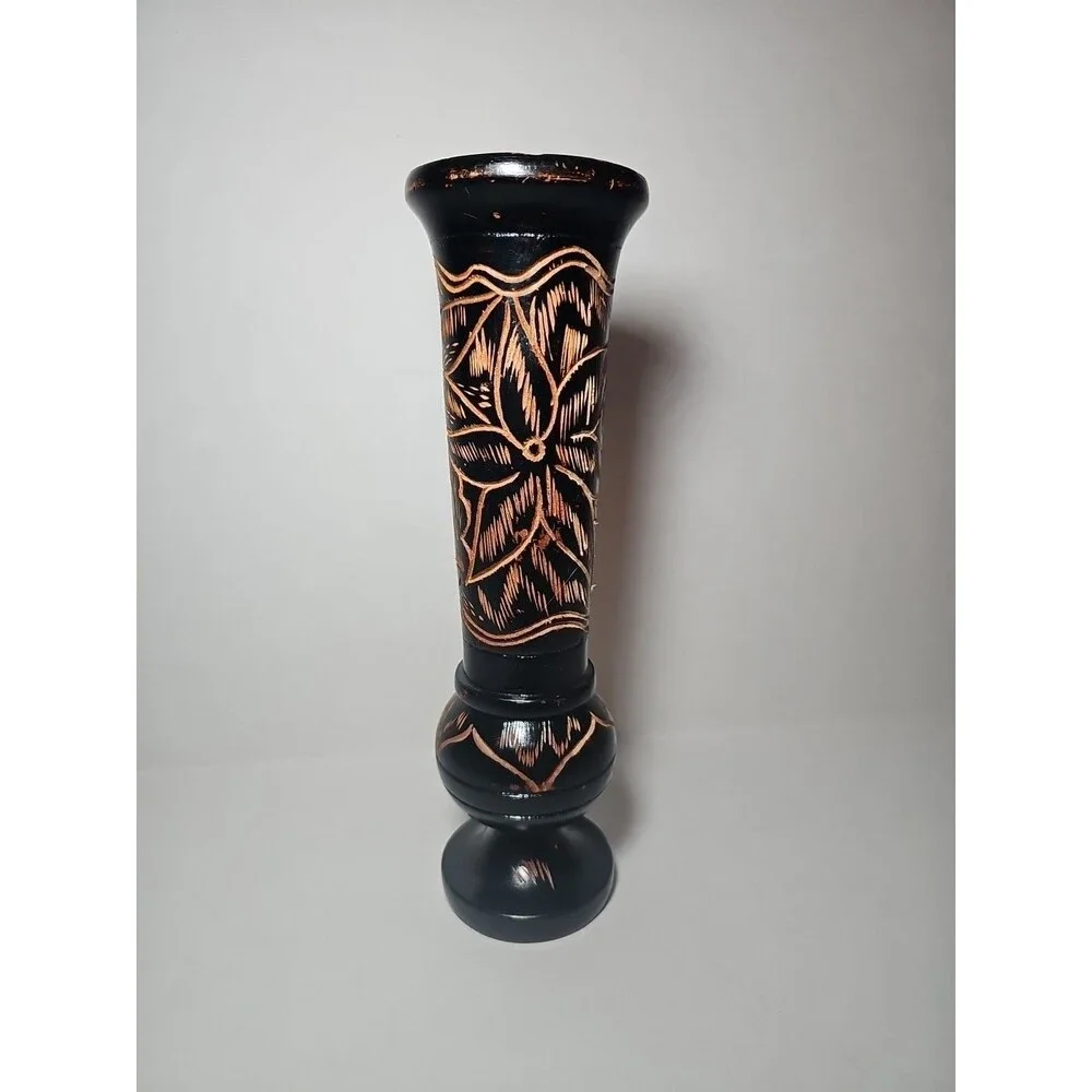 Vintage Dark Brown Hand Carved Wooden Pedastal Vase